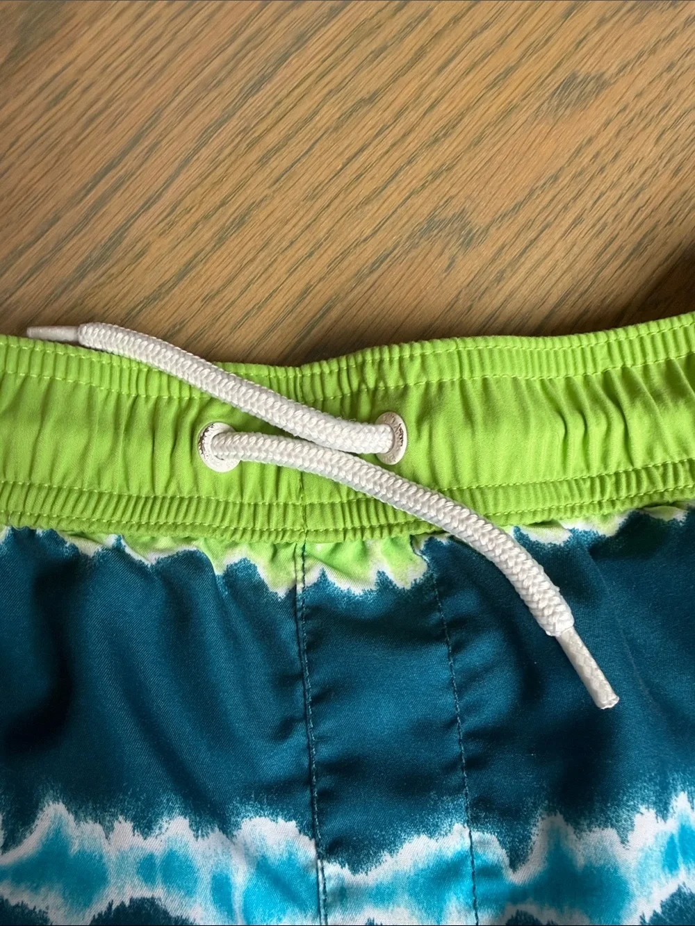 Lands' End Boys Teal Swim Trunks with Lime Waistband